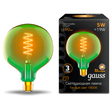 Лампа Gauss Filament G125 5W 190lm 1800К Е27 green flexible LED