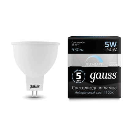 Лампа Gauss LED MR16 GU5.3-dim 5W 530lm 4100K  димована