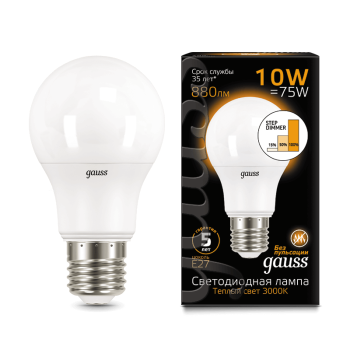 Лампа Gauss LED A60 10W E27 880lm 2700K step dimmable