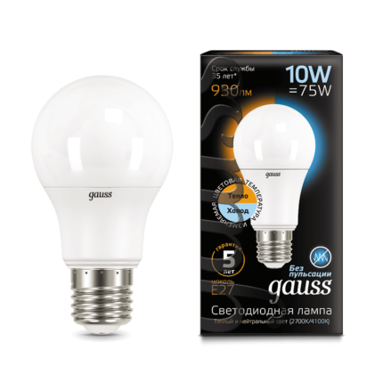 Лампа Gauss LED A60 10W E27 930lm 2700K/4100K CTC