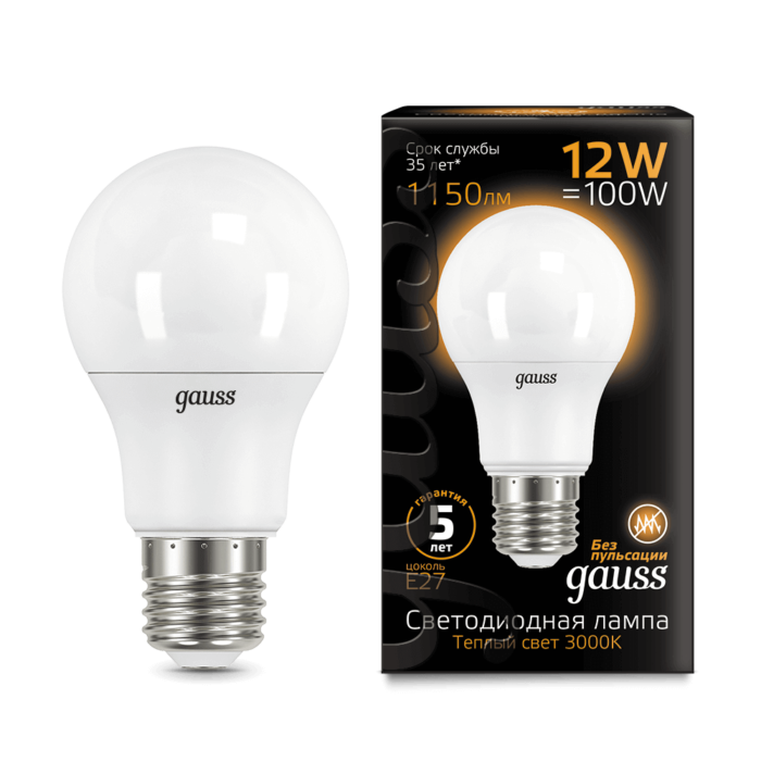 Лампа Gauss LED A60 Шар 12W E27 1150lm 3000K