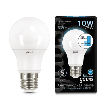 Лампа Gauss LED A60 10W E27 920lm 4100K step dimmable