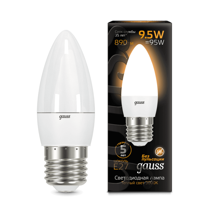 Лампа Gauss LED Свічка E27 9.5 W 890lm 3000К