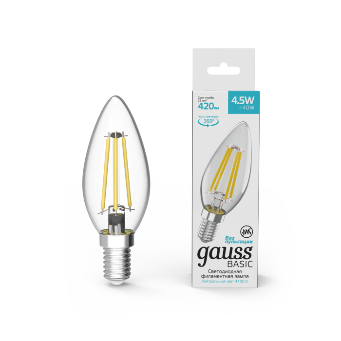 Лампа FIL Gauss Basic Свічка C37 4,5W E14 4100К