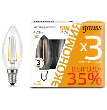 Лампа Gauss Filament Свічка E14 5W 420lm 2700К  (3 лампи в упаковці)