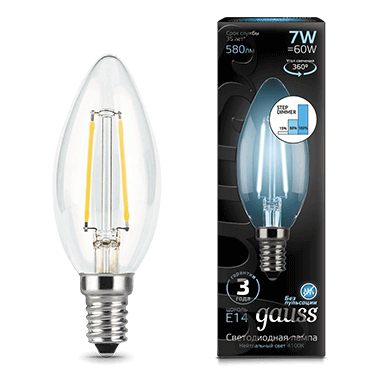 Лампа Gauss LED Filament E14 Свічка 7W 580lm 4100К step dimmable