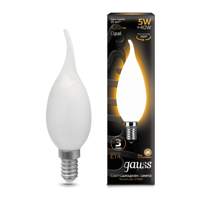 Лампа Gauss LED Filament Свічка на вітрі OPAL E14 5W 420lm 2700К