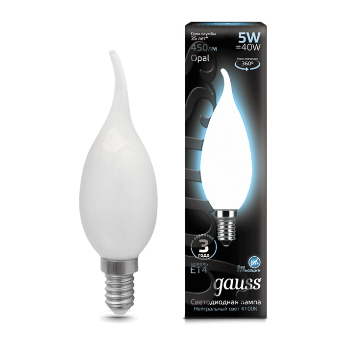 Лампа Gauss LED Filament Свічка на вітрі OPAL E14 5W 450lm 4100К