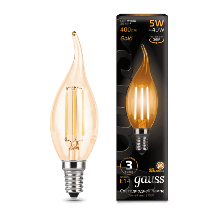 Лампа Gauss LED Filament Свічка на вітрі E14 5W 400lm 2700K Golden
