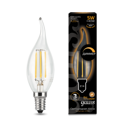 Лампа Gauss LED Filament Свічка на вітрі dimmable E14 5W 420lm 2700K