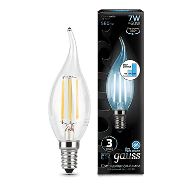 Лампа Gauss LED Filament Свічка на вітрі E14 7W 580lm 4100K step dimmable
