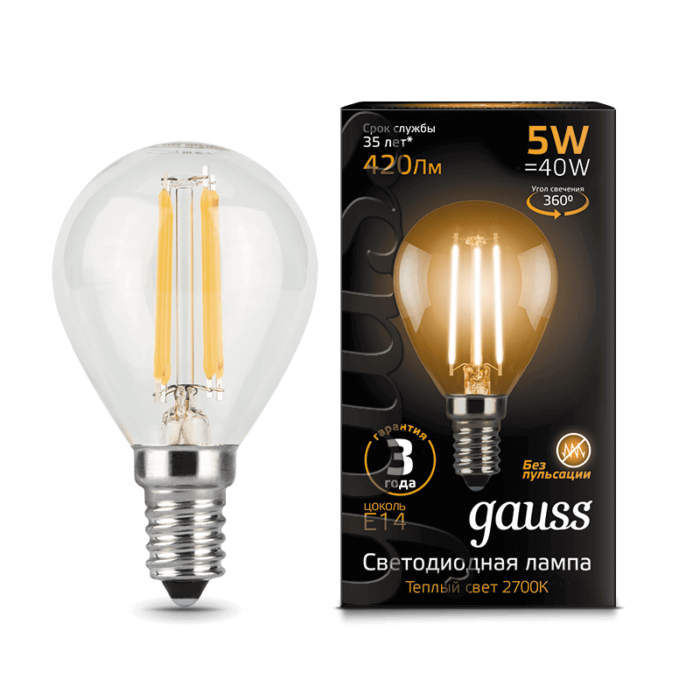 Лампа Gauss LED Filament Шар E14 5W 420lm 2700K