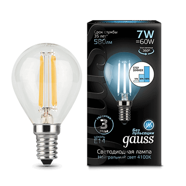 Лампа Gauss LED Filament Шар E14 7W 580lm 4100K step dimmable
