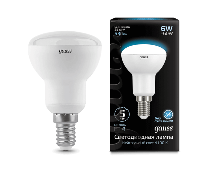Лампа Gauss LED R50 E14 6W 530lm 4100K
