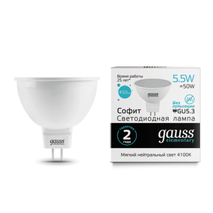 Лампа Gauss LED Elementary MR16 GU5.3 5.5 W 450lm 4100К