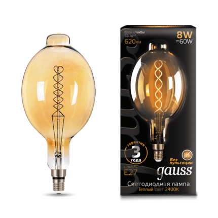 Лампа Gauss LED Vintage Filament Flexible  BT180 8W E27 180*360mm Golden 620lm 2400K